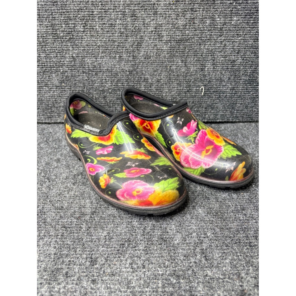 Sloggers Womens 6 Garden Shoes Black Floral Waterproof Slip On Clogs Made in USA